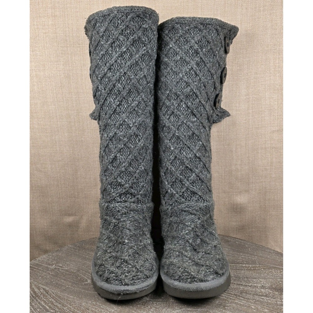 UGG Womens Size 5 High Knitted Boots‎ Gray Buttons Logo Comfort Casual Footwear